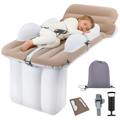Delousiber Portable 4-in-1 Toddler Travel Mat for Airplane & Car with 2-Tier Headrest & 4 Adjustable Air Chambers Foldable Essential for Baby on the Go