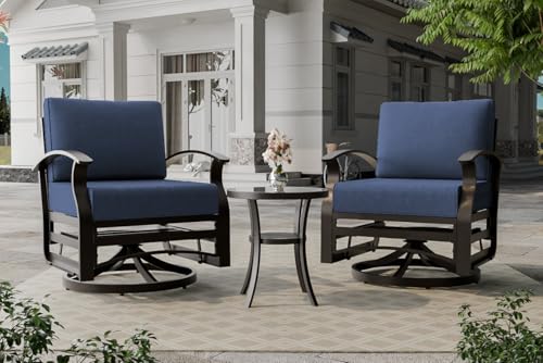 Image of Outdoor Patio Furniture Set, 3 Piece Aluminum Metal Chairs Swivel Rocker, Overstuffed Washable Cushions Bistro Set for Porch, Balcony, Deck, Garden Navy