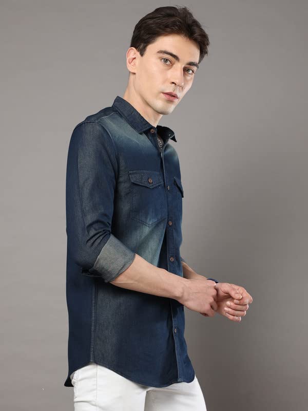 Image of STREETKING Street King Men Denim Double Pocket Casual Regular Fit Full Sleeves Shirt