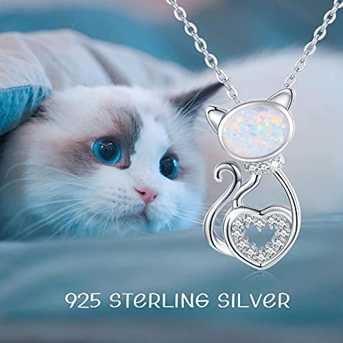 Waysles Cat Necklace 925 Sterling Silver Inset With Opal Pendant Cute Animal Cubic Zirconia Jewellery Gifts for Women Girls