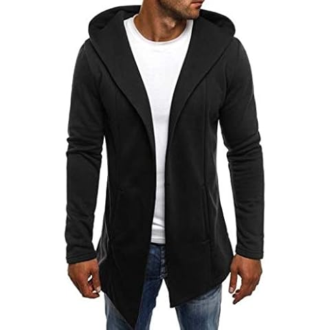 HOOUDO Cardigans for Men,Autumn Winter Plus Size Casual Warm Solid Color Hood Tunic Pocket Outerwear Trench Coat Long Coat Jacket Black Cover