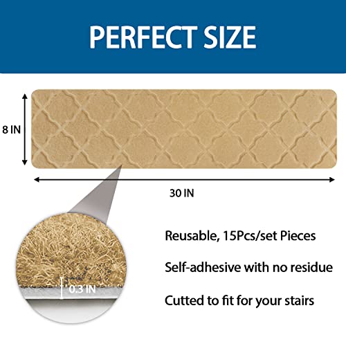 Stair Treads For Wooden Steps - Non Slip Stairs Carpet Tape Peel And Stick With Double Adhesive Tape Set Of 15, Self Adhesive Indoor Stair Runner Rugs Cover Mat, 8"X30" Beige #TOP5