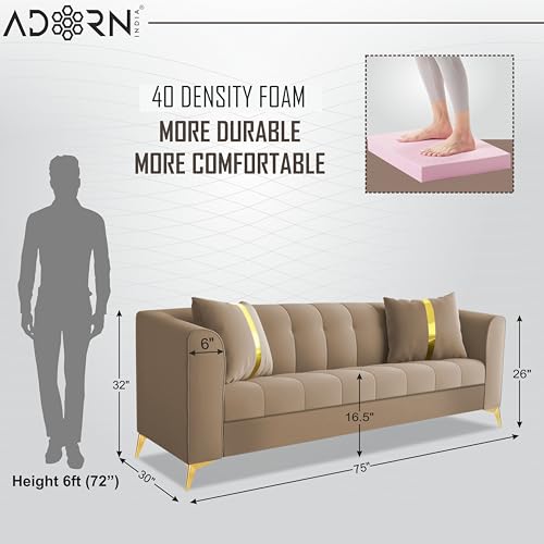 Image of Adorn India Premium Mystic - 3 Years Warranty - 3 Seater Sofa Velvet Suede Fabric - Beige