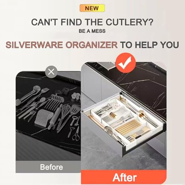 Silverware Drawer Organizer - Expandable Deep Utensil Organizer for Kitchen Drawers(White)