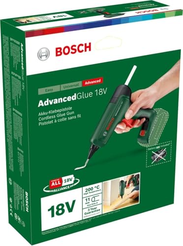 Bosch Home and Garden AdvancedGlue Gun - Pistola per colla da 18 V (senza batteria; Sistema da 18 V; 4 stick di colla; Tempo di riscaldamento: 90 secondi; due scelte di temperatura: 130 °C - 200 °C)