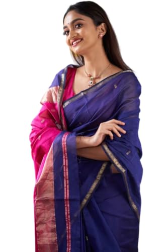 Image of Flosive Banarasi Look Chanderi Silk Saree for Women | Blue-Pink Contrast Designer Saree | Ethnic Drape with Golden Zari Work and Small Buttis