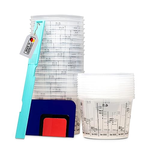 20x Lackmischbecher mit 10x Deckel Made in Germany - Farbmischbecher 750ml Mischbecher mit Skala - Mixing Cup - Inkl. Lackrührstab und 3er-Set Karosseriespachtel