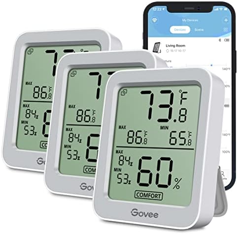 Govee Indoor Hygrometer Thermometer 3 Pack, Bluetooth Humidity Temperature Gauge with Large LCD Display, Notification Alert with Max Min Records, 2 Years Data Storage Export, Grey