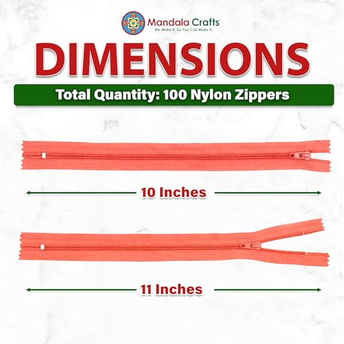 Image of Mandala Crafts 100 PCs Coral Closed-End 10 Inches Nylon Zippers for Sewing | Colorful, Bulk Sewing Supplies, For Tailor Clothing Fabric Leather, Washable, Indoor & Outdoor, Tote Bags, Cushions