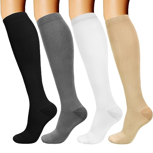 DRESHOW 4 Paires Chaussettes de Compression pour Femmes & Hommes Circulation pour Athlétisme,Course,Cyclisme,Voyage