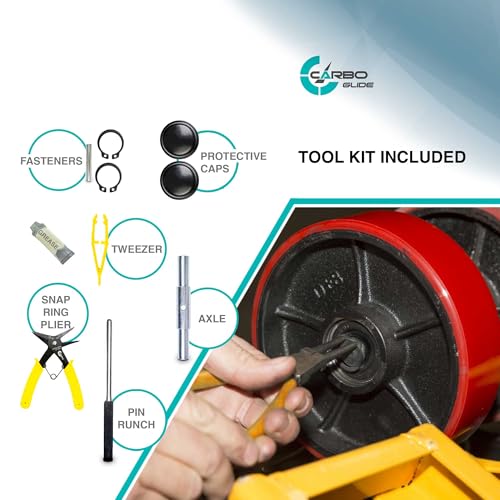 pallet jacktruck steering wheels set with axle fasteners and protective caps 4 pcs 734 x 234 with bearings id 20mm poly tread red tool kit included