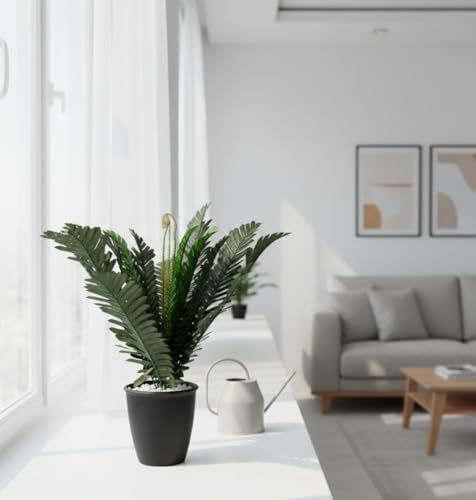 Image of Foliyaj Artificial Fern Plant with Plastic Black Pot with Embedded White Stones for Home and Office Decor | 38 cm Tall