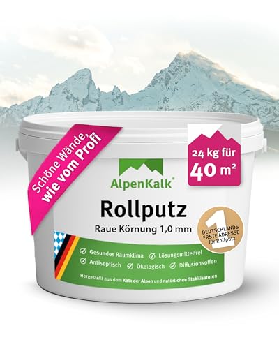 AlpenKalk Rauer Rollputz für Innen I 24 kg für ca. 40 m I 1 0 mm Körnung I Verarbeitungsfertig & streifenfrei wie vom Profi I Atmungsaktiv schimmelhemmend & lösungsmittelfrei