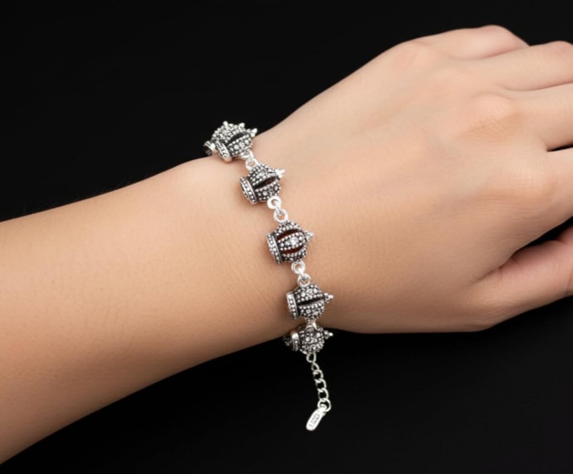 Women's 925 Sterling Silver Crown Charm Toggle Clasp Bracelet