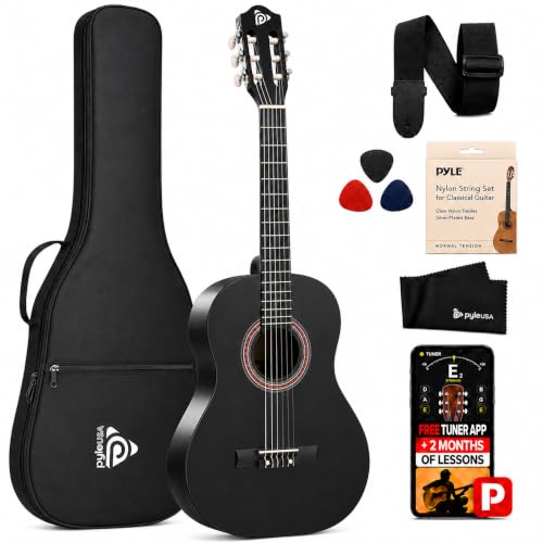 Pyle 36-Inch Beginner Classical Acoustic Guitar Kit, 3/4 Size Junior Nylon String Guitar for Kids and Adults, Includes Gig Bag, Strap, Spare Strings, Picks, Cleaning Cloth, 18 Frets, Black