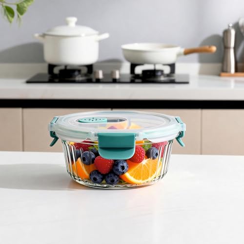 Image of Stegl 400ml Glass Food Container Airtight Storage Container with Slip-Vent Lid | Round Striped Design Meal Prep Food Container | Microwave & Fridge Safe