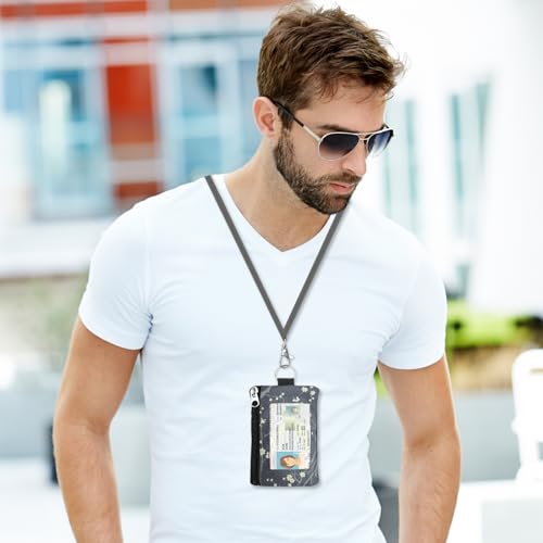 Image of Minimalist RFID Wallet with Lanyard, Multi-functional ID Case with 2 Zipper Pockets and Key Chain for Men and Women, Tactical Badge Pouch Cards Holder, Coin Purse for Travel Sports - Two-Tone