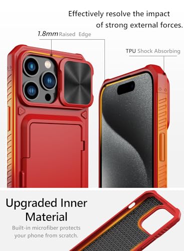 Image of Vihibii for iPhone 15 Pro Max Wallet Case with Card Holder (4 Cards) & Slide Lens Protective Cover & Kickstand & Raised Edges Protection, Shockproof Back Cover for iPhone 15 Pro Max 6.7 inch, Red