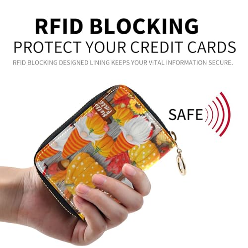 RFID Blocking Credit Card Wallets Women's Wallet Small Leather Zipper Card and Cash Holder Funny Autumn Gnomes Print2