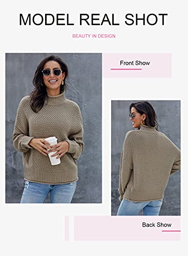 Dokotoo Womens High Neck Sweaters Batwing Ribbed Long Sleeve Winter Solid Fashion Casual Loose Oversized Chunky Knit Pullovers Sweaters Jumper Tops Khaki Medium #TOP2