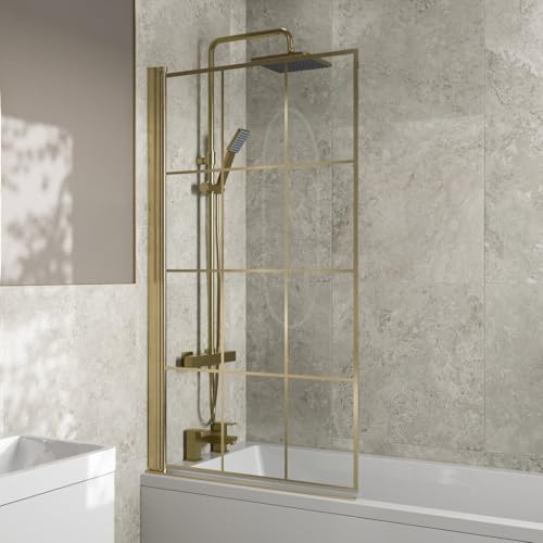 LUXURA® 800 x 1400mm Brushed Brass Square Grid Over Bath Shower Screen Door 6mm Clear Toughened Safety Glass Panel 180° Pivot Bathroom Hinged Framed Bath Screens