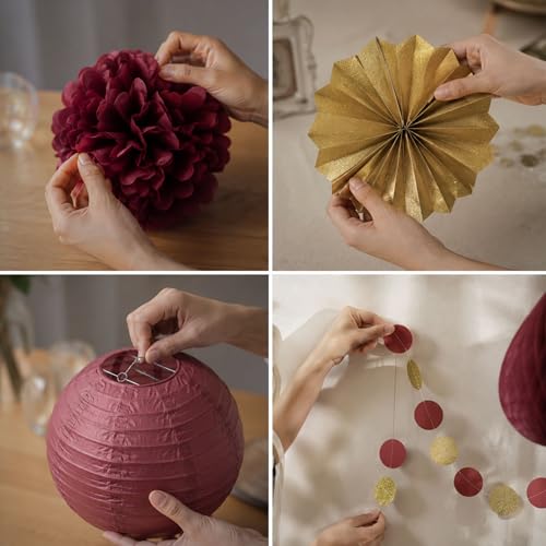 Image of ANSOMO Burgundy and Gold Party Decorations Maroon Wine Dark Red Paper Fans Lanterns Tissue Pom Poms Wall Hanging Decor Supplies Bridal Baby Shower Birthday Wedding Graduation (Pack of 3)