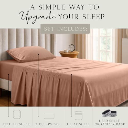 Image of KARISSA MAE Luxury Bamboo Viscose Twin XL Size Sheet Set | FSC Certified | Cooling | Ultra Soft | 18 inch Deep Pockets | Elastic Corner Straps | Includes Organizer Band [Terracotta]