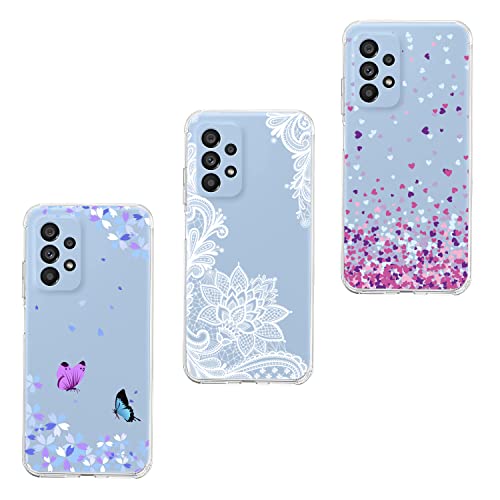 HopMore 3 Stück Hüllen für Samsung Galaxy A53 5G Handyhülle Transparent mit Muster Weich Silikon Stoßfest Durchsichtige Case Dünn Schutzhülle Cover Silikonhülle mit Schmetterlinge, Blumen & Herz Motiv Cover