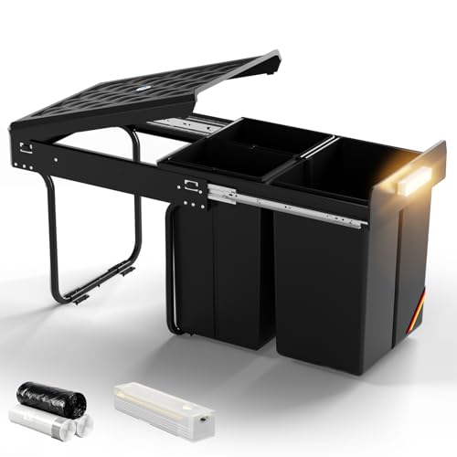 WoRaum Poubelle Encastrable Tri Sélectif 3 Compartiments, 20L+2×10L, Compatible avec Meubles/Cuisine Sous Évier, Bacs Amovibles Faciles à Nettoyer, Noir