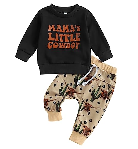 Image of SAYOO Western Baby Boy Clothes Cow Print Sweatshirt Pullover Top Jogger Pants 2Pcs Toddler Boy Cowboy Fall Winter Outfits