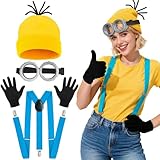 VersaCharm 4 Pcs Halloween Costume Accessories for Adult Kids Goggles Yellow Beanie Gloves Suspenders - Cosplay Party Dress Up