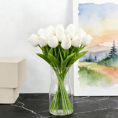 Artificial Tulips Bridal Wedding Festival Decor Bouquet Real Touch PU Flower Bouquet Pack of 20 (White) image 7