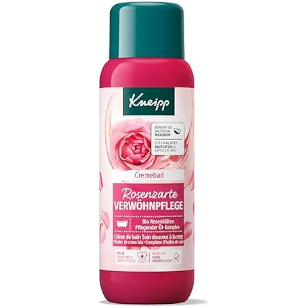 Kneipp Kremowa kąpiel z różami delikatna pielęgnacja – dodatek do kąpieli z wysokiej jakości ekstraktem z płatków róży ekologicznej i pielęgnującym kompleksem olejków – nadaje skórze uczucie gładkości