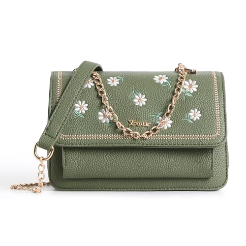 Image of EXOTIC Fiora Daisy Sling Bag for Women | Embroidered Floral Leatherette Crossbody Handbag with Chain Detail & Flap Closure | Elegant Casual & Party Purse