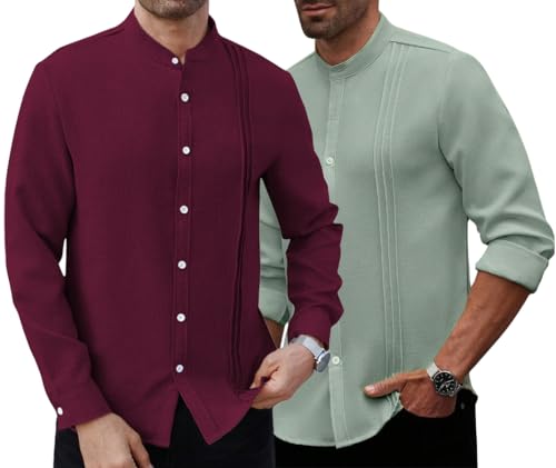 Image of TAGDO Men's Mandarin Collar with Button-Down Shirts | Full Sleeve Linen Casual Shirt for Man | Stylish Summer - Regular Fit Office, Party (2047)