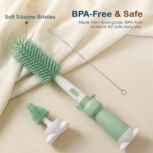 Image of TONY STARK Baby 3-in-1 Silicone Bottle Cleaning Brush Set | 360 Rotatable Handle, BPA-Free Soft Bristles for Cleaning Bottles, Nipples & Pacifiers Safely (Green)