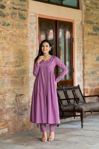 Image of Women's Dhanna Fashion Long Cut Salwar Suit with White Polka Dots,Full Sleeves, V-Neck,, Rayon