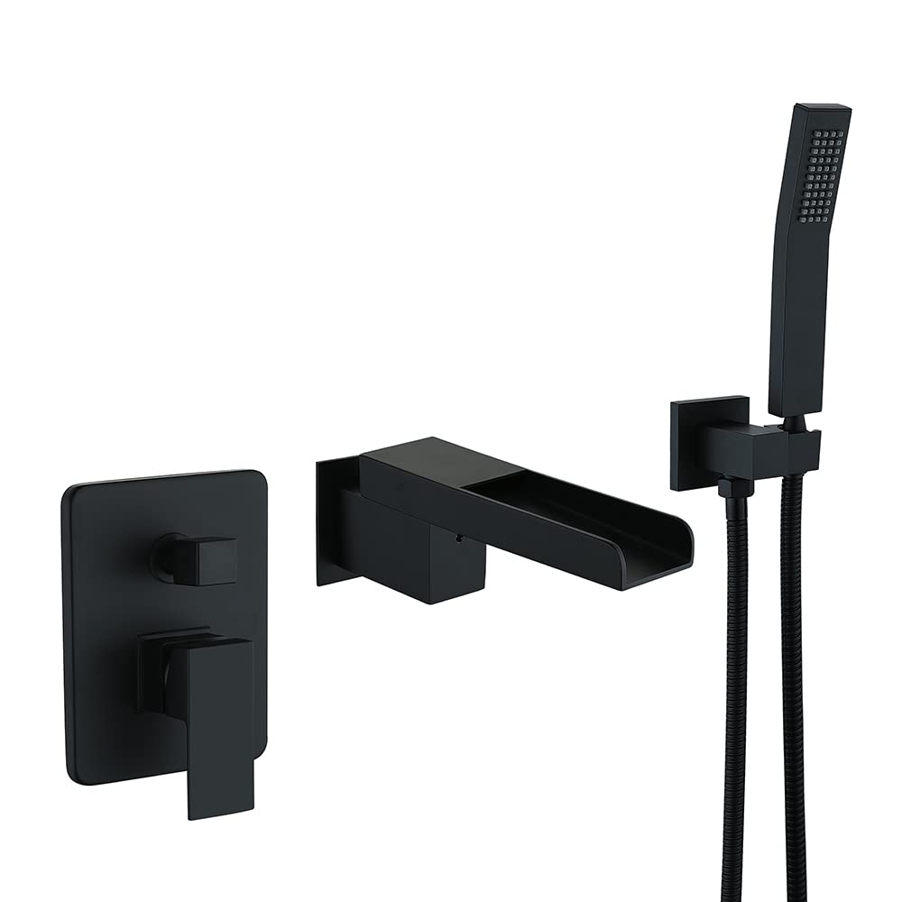 NGDFGR Bathtub Faucet With Shower Set, Bathtub Mixer Tap With Brass Hand Shower Bath Faucet, With 1.5M Shower Hose, Bathroom Shower With Hand Shower Swivel Waterfall Spout, Bath,Matt Black