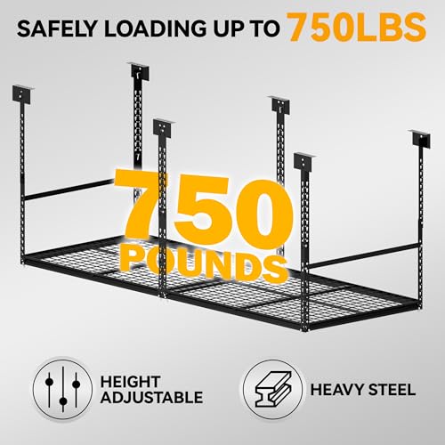 Image of 3x8 Ft Overhead Garage Storage Rack, 28-41 inch Height Adjustable Ceiling Mounted Organization Rack, 750 lbs Weight Capacity, 36 inchx96 inch Metal Rack for Garage Storage with Wire Decking