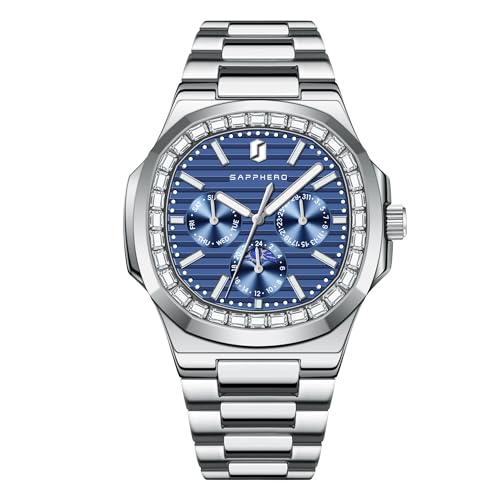 Image of Sapphero Watches for Men Waterproof Luminous Watches with Date Dial Chronograph Analog Quartz Movement Steel Stainless Business Wrist Watches Mens Gifts