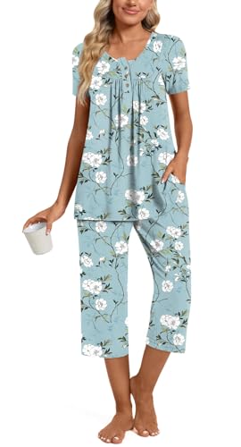Image of Womens Summer Pajama Sets 2 Piece Short Sleeve Top and Capri Pants Plus Size Ladies Lounge Pjs Sets with Pockets