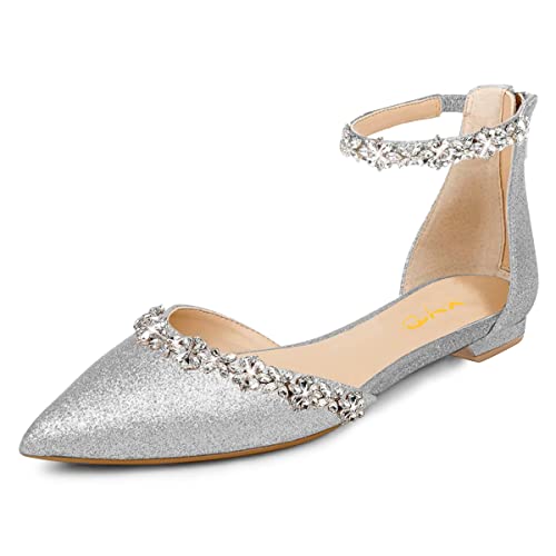 Image of XYD Women Classic Pointed Toe D'Orsay Wedding Flat Sandals Sparkly Rhinestones Ankle Strap Low Heel Dress Shoes with Zipper
