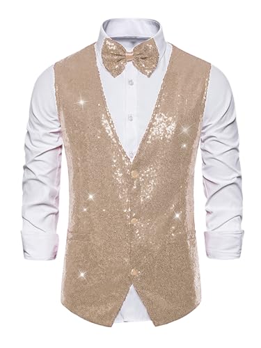 Lars Amadeus Men's Sequin Waistcoat Shiny Sleeveless Party Prom Dress Suit Vest with Bow Tie
