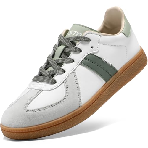 STQ Sportschuhe Damen Sneaker Low Freizeitschuhe Soft Skater Turnschuhe Schnürung Orthopädische Komfortschuhe Diabetiker Flach Trainers Leichte Trainers Lightweight Weiß Grün 38 EU / 7 US