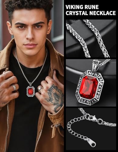 Image of ChainsHouse Viking Rune Pendant Necklace for Men Women, Punk Biker Black Metal /316L Stainless Steel Onyx Norse Vintage Amulet Necklaces with Black /Red /Green /Blue Gemstone, Send Gift Box
