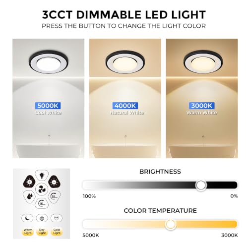 Image of Akicon Bathroom Exhaust Fan with RGB LED Mode, 110 CFM 1.5 Sone Ultra Quiet Bathroom Vent Fan with 3CCT Light & Nightlight, Ceiling Mount, Remote Control, Round (Black)