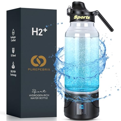 PUREPEBRIX Upgraded Hydrogen Water Bottle Glass Generator - 34oz Borosilicate Glass, SPE/PEM Tech, Leak-Proof Lid, Easy-Carry Handle, Sports-Inspired Design for Home, Office & Travel Hydration