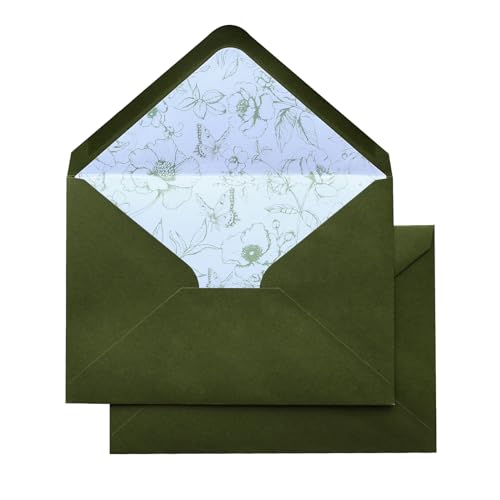 Enveloppes A7 vert olive doublées fleurs pour invitations acryliques haut de gamme