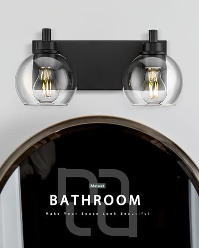 Image of Bathroom Light Fixtures, 2 Light Matte Black Vanity Light, Modern Wall Sconces with Clear Glass Globe Shade, Bathroom Wall Lights Over Mirror Kitchen Bedroom Hallway, VL195-MB-2