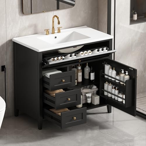 Image of 36 inch Bathroom Vanities with Top Set, Cabinet with Multi-Functional Tip-Out Drawer and Adjustable Shelf, Soft-Closing Door, Solid Wood Legs, Black